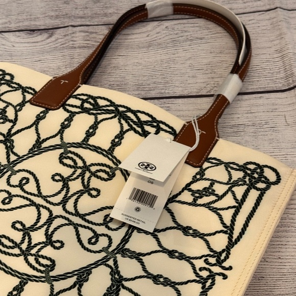 TORY BURCH ELLA SMALL PRINTED TOTE BAG IVORY ABSTRACT ROPE PATTERN - Picture 11 of 13